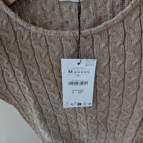 NWT Zara Contrast Cable Knit & Long Sleeve Cropped Two Piece Top In Tan - M - Picture 9 of 9
